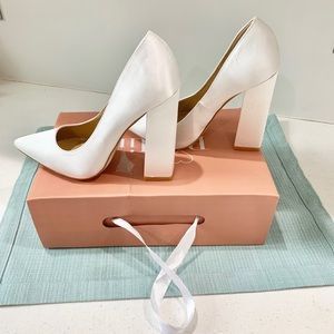 Be Mine White Satin Blocked/Stacked Heel Pump